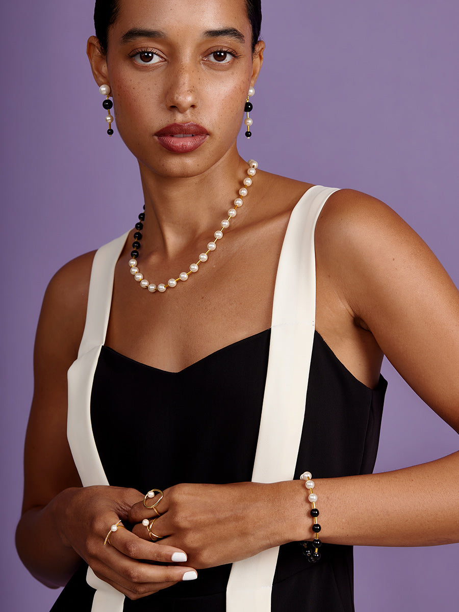 Black and White Pearl Beaded Magnet Bracelet with Gold Spacers