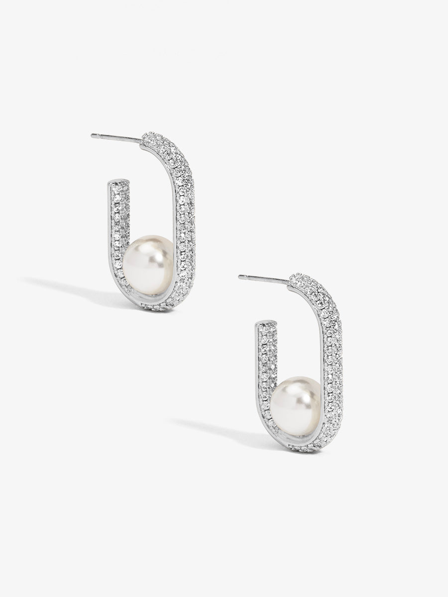 Pave U Shape Pearl Hoop Earring