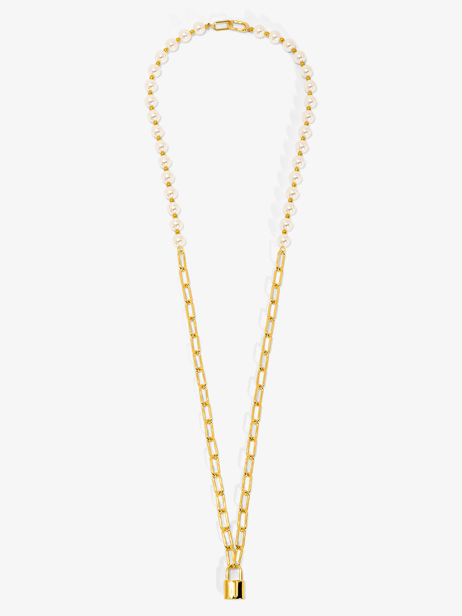 Pearl and Link Silver Lock Necklace