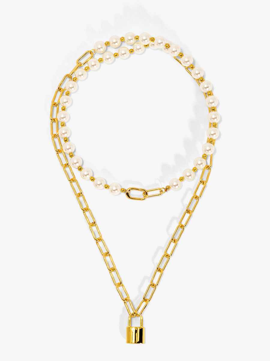 Pearl and Link Silver Lock Necklace