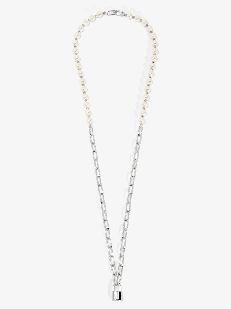 Pearl and Link Silver Lock Necklace