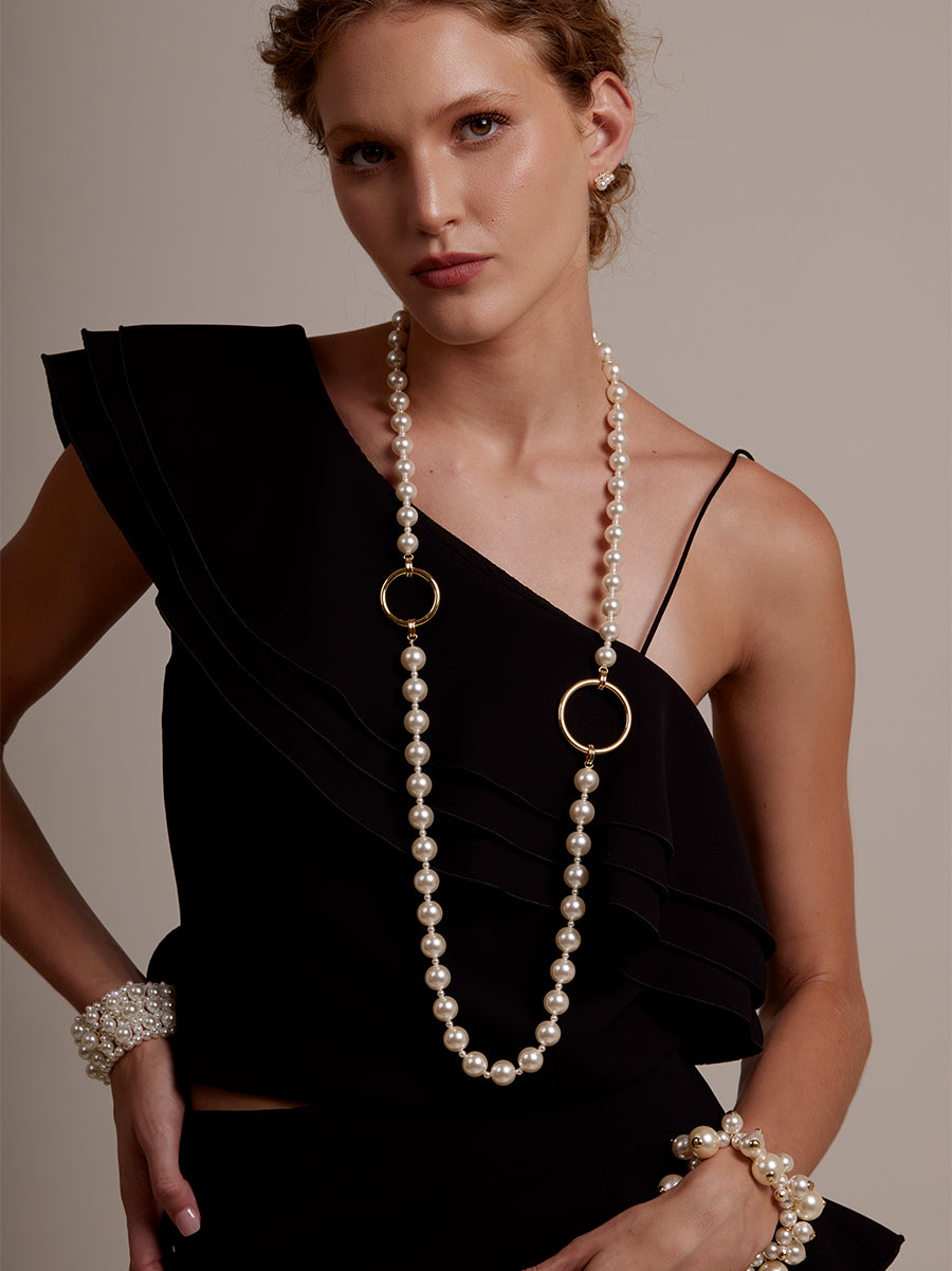 Long Pearl Necklace with Circle Charms