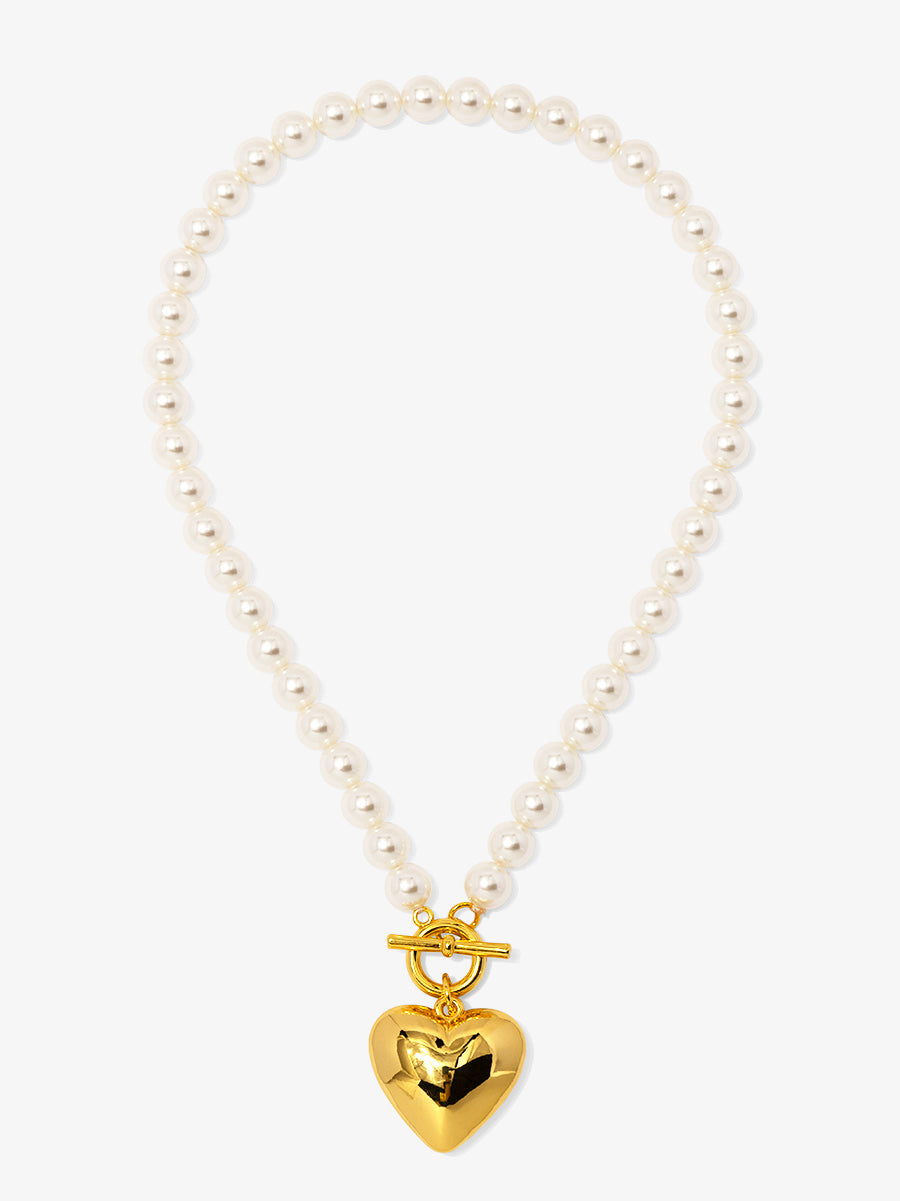 Heart Charm Pearl Collar Necklace