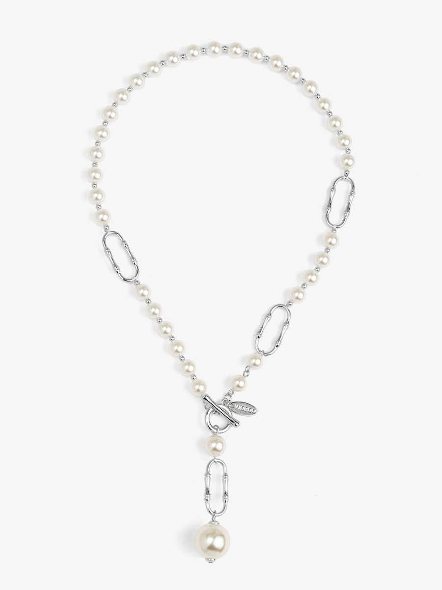 Bamboo Link Lariat Pearl Necklace