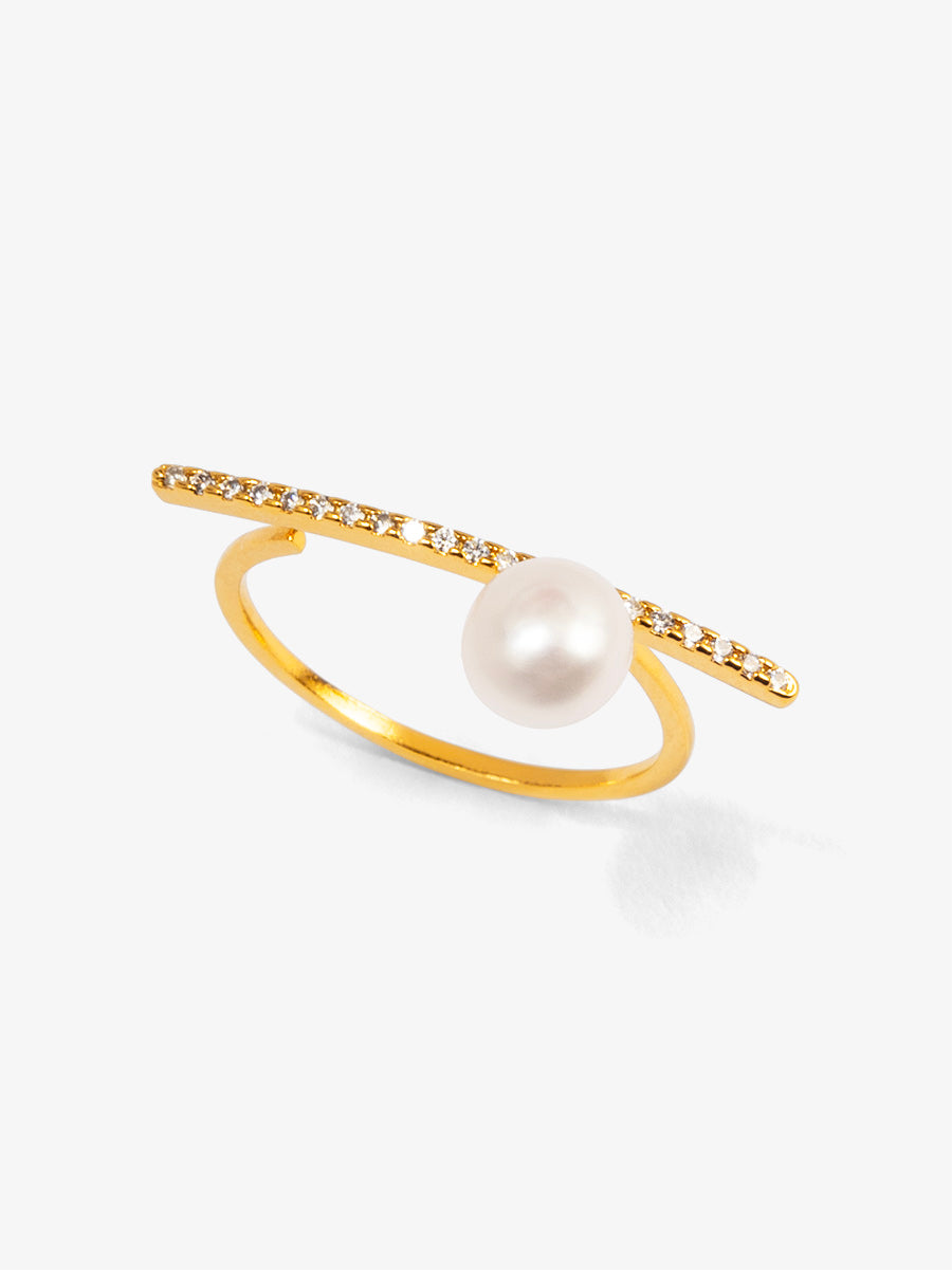 Slim Pave Pearl Bar Ring