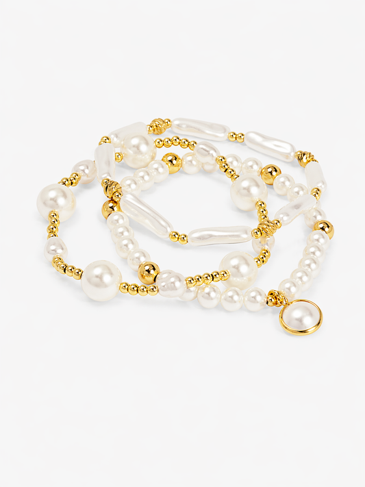 Golden Orbit Pearl Bracelet Set (Set of 3)
