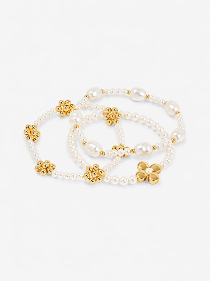 Golden Petal Pearl Bracelet Set (Set of 3)