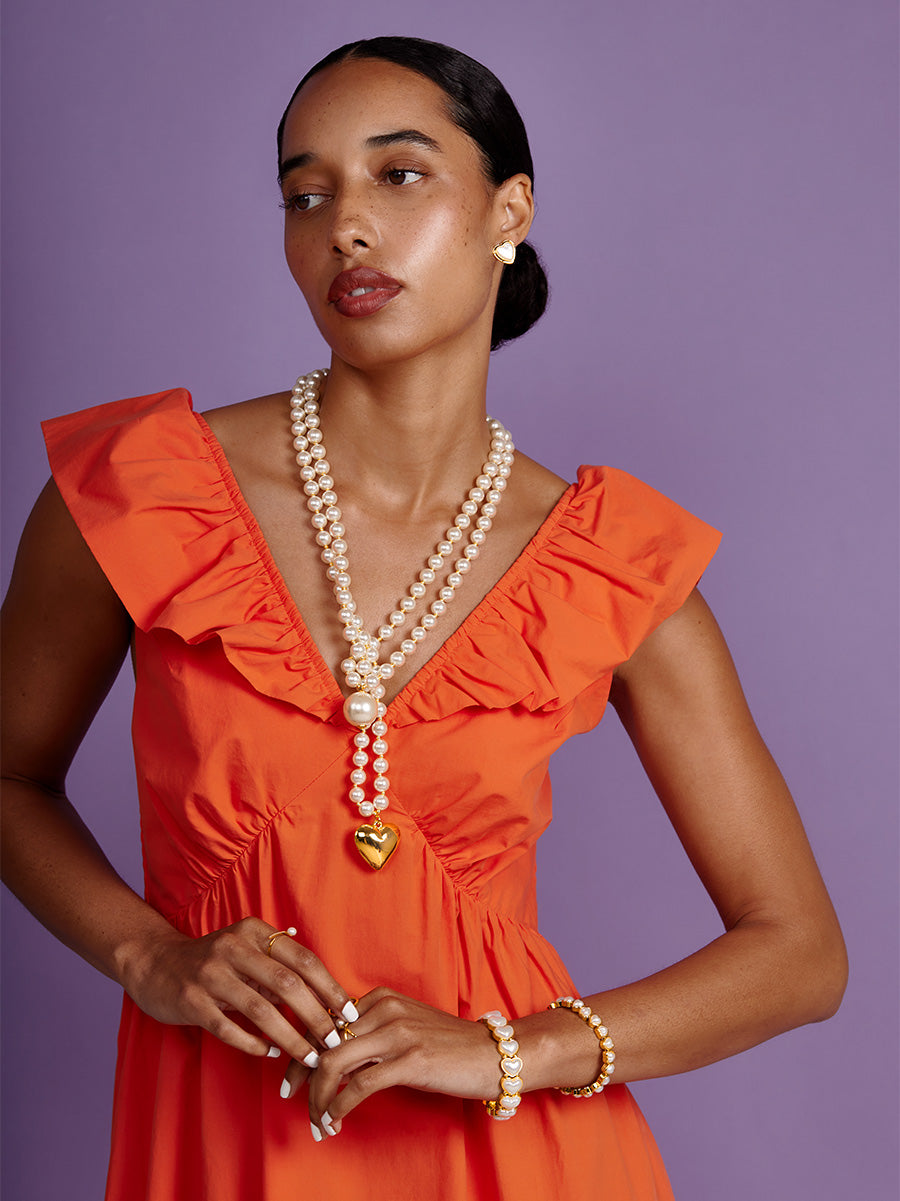 Puffed Heart Pearl Lariat Necklace