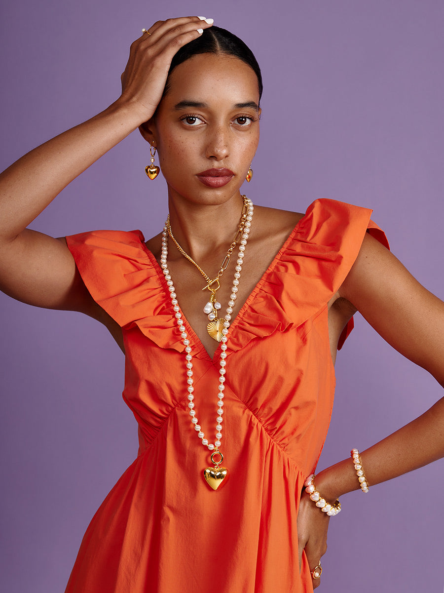 Mixed Link Heart and Pearl Charm Lariat Necklace