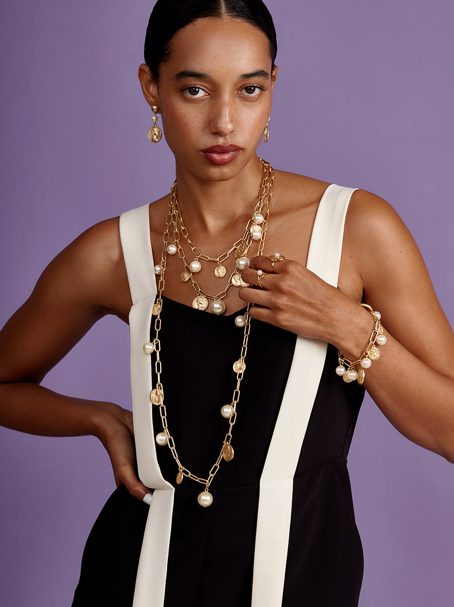 Pearls and Coins Charm Long Necklace