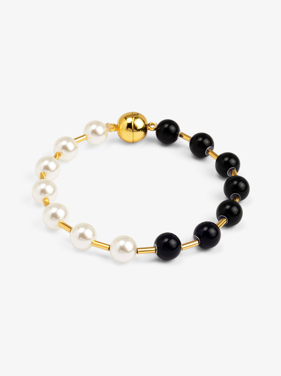 Black and White Pearl Beaded Magnet Bracelet with Gold Spacers