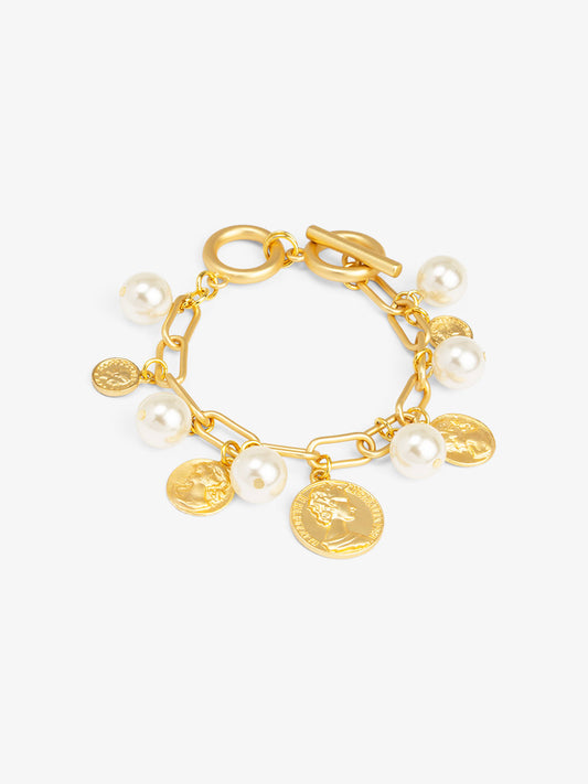 Pearls and Coins Charm Toggle Bracelet