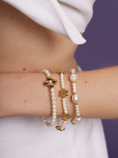 Golden Petal Pearl Bracelet Set (Set of 3)