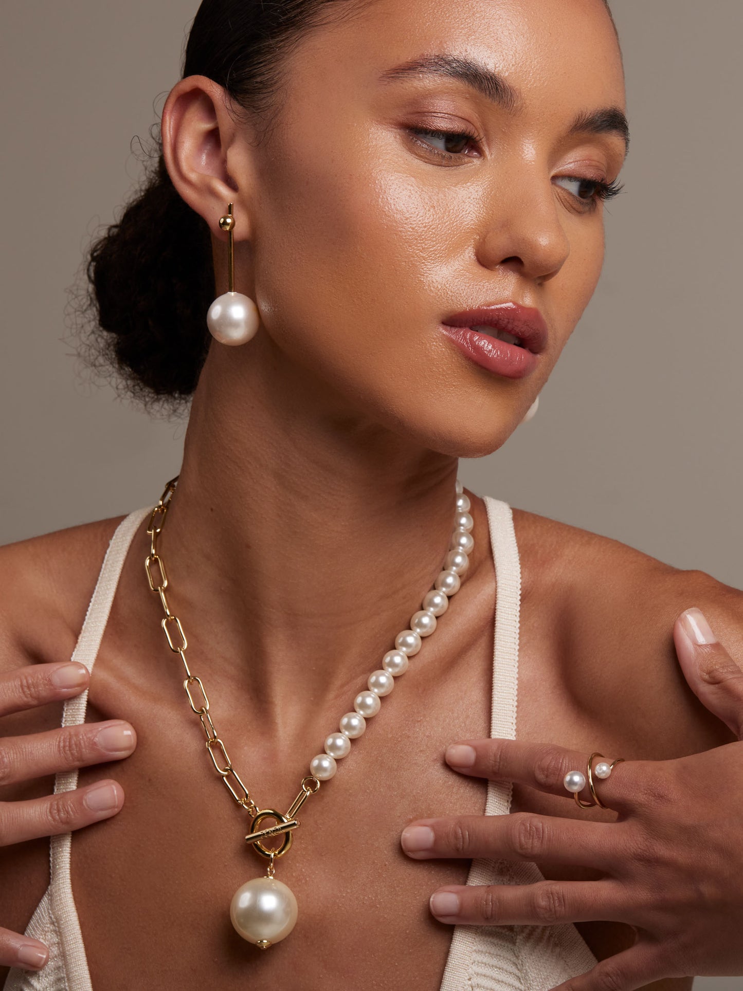 Gold Bead and Pearl Drop Earring