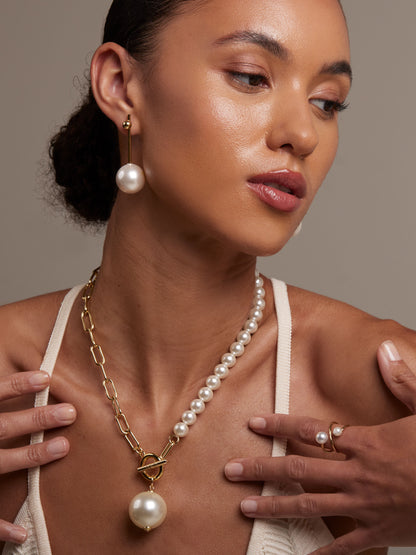 Gold Bead and Pearl Drop Earring