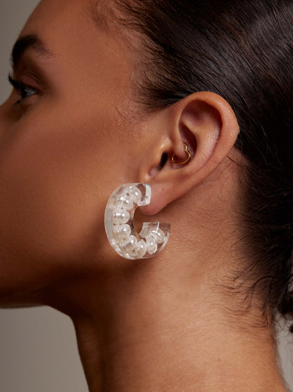 Chunky Clear Lucite Pearl Open Hoop Earring