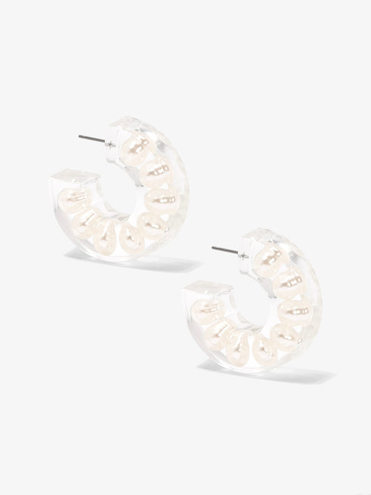 Chunky Clear Lucite Pearl Open Hoop Earring