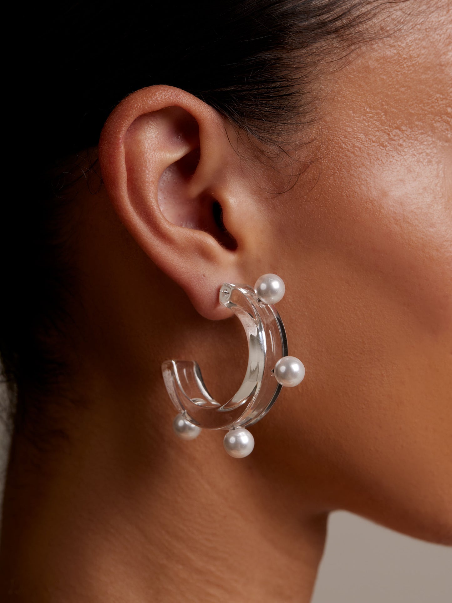 Clear Lucite Pearl Open Hoop Earring