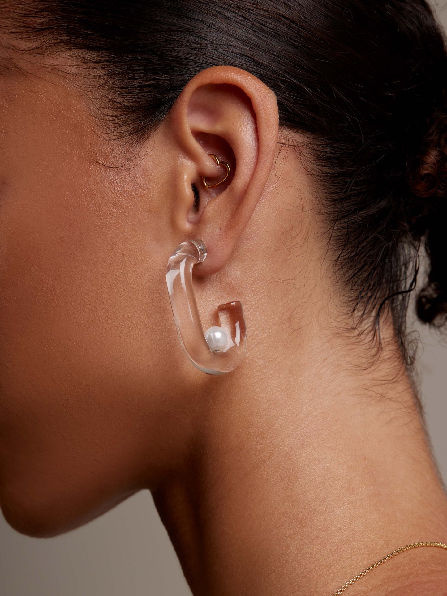 Pearl Bead Clear Lucite Hoop Earring