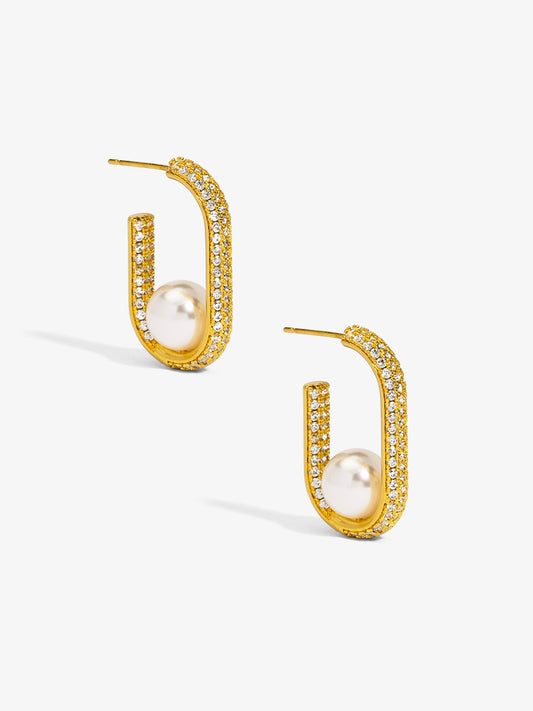Pave U Shape Pearl Hoop Earring