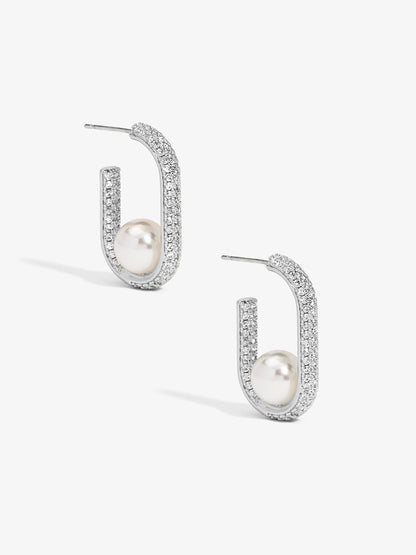 Pave U Shape Pearl Hoop Earring