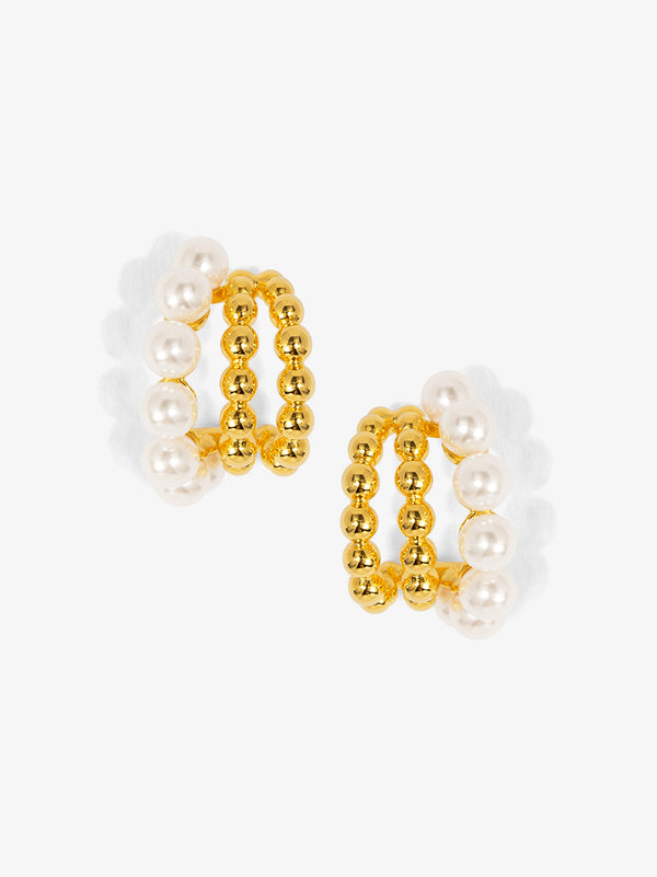 Pearl Beaded Triple Hoop Huggies