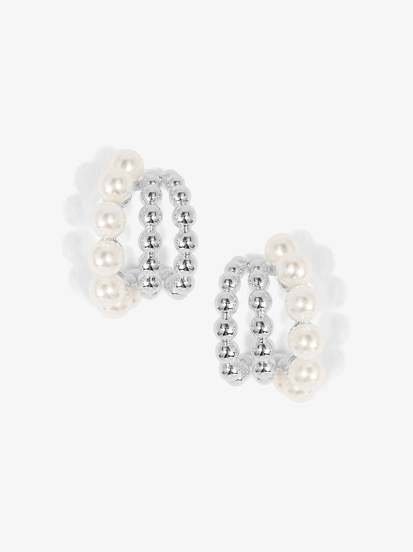 Pearl Beaded Triple Hoop Huggies