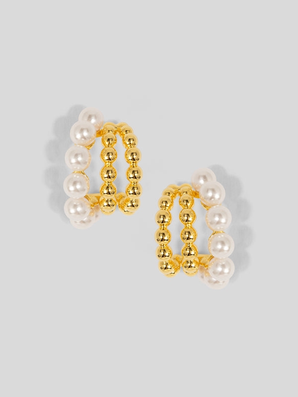 Pearl Beaded Triple Hoop Huggies