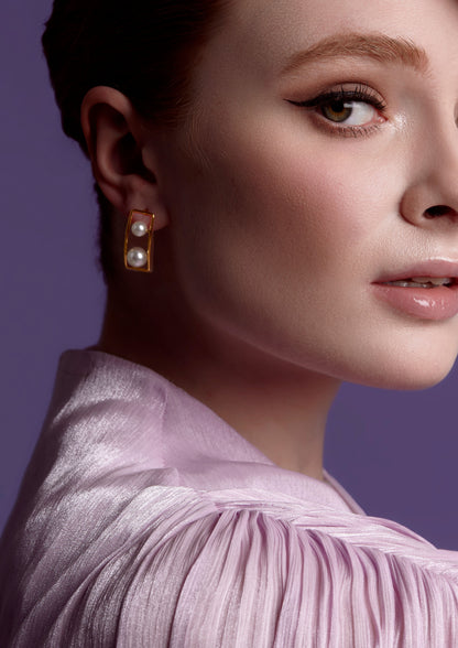 Rectangular Double Pearl Drop Earring