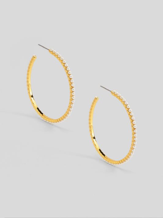 Pearl-Inset Hammered Hoop Earring