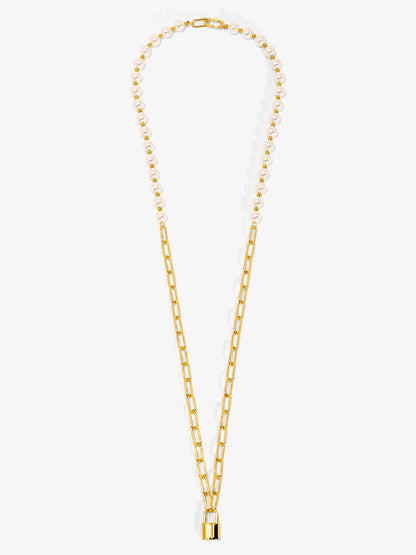 Pearl and Link Silver Lock Necklace