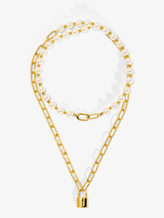 Pearl and Link Silver Lock Necklace