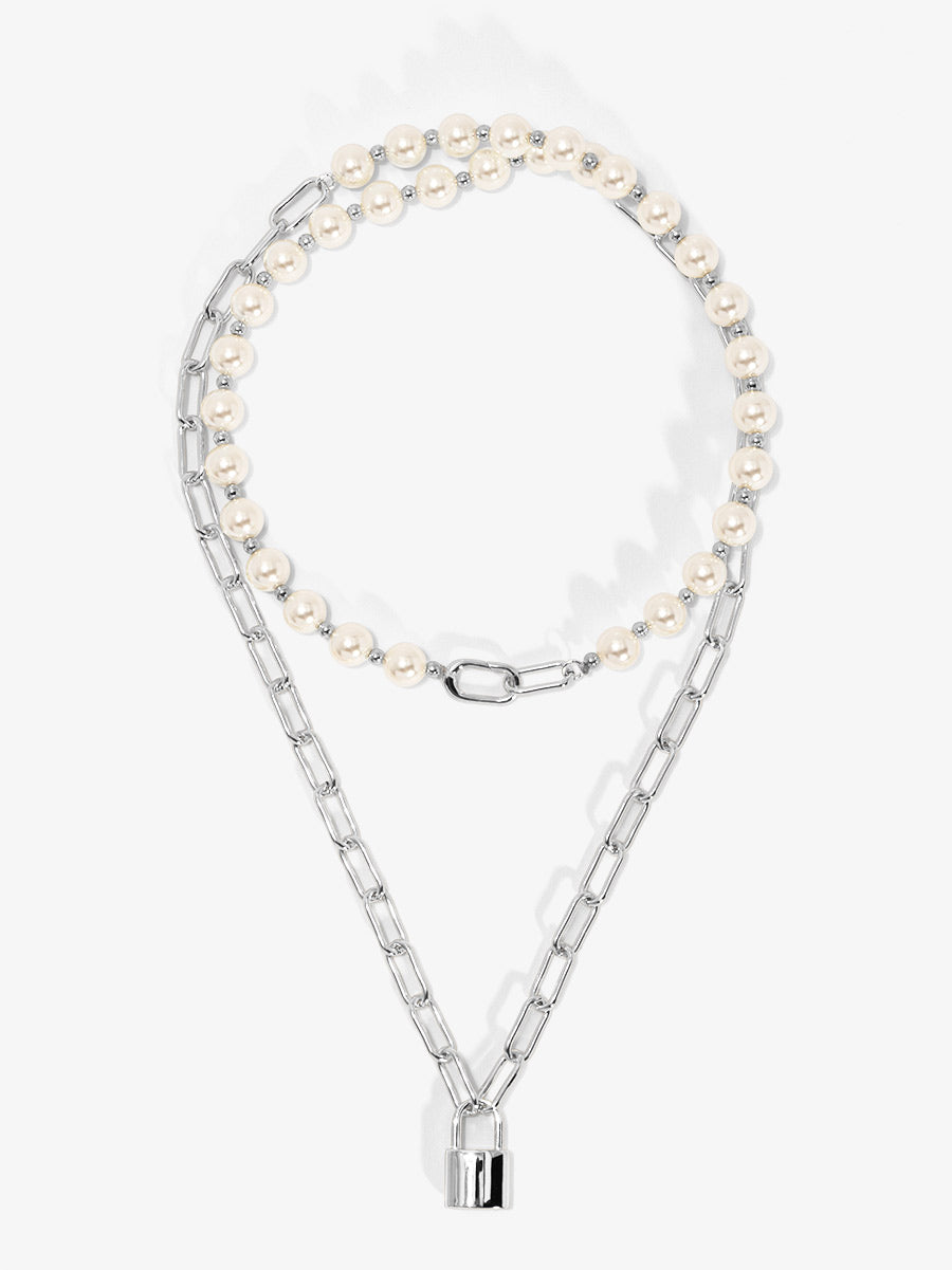 Pearl and Link Silver Lock Necklace
