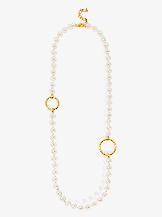 Long Pearl Necklace with Circle Charms