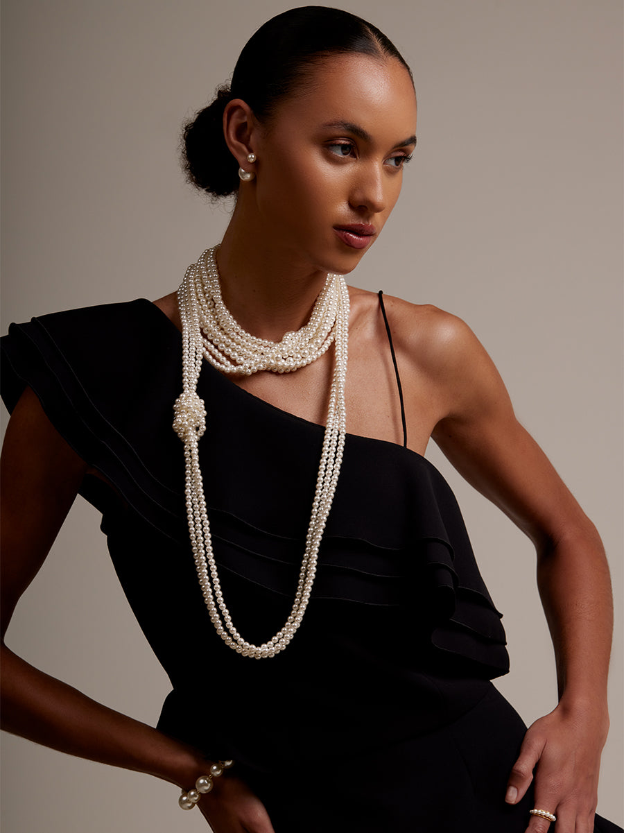 Long Layered Side Knot Pearl Necklace