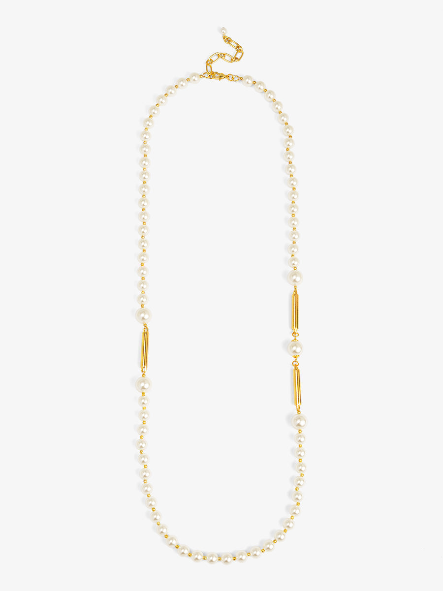 Long Pearl Necklace with Metal Bar