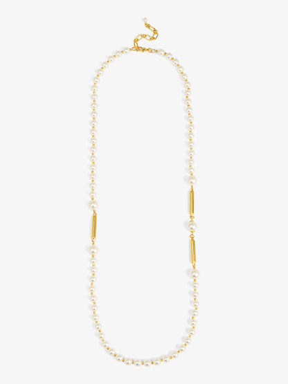 Long Pearl Necklace with Metal Bar
