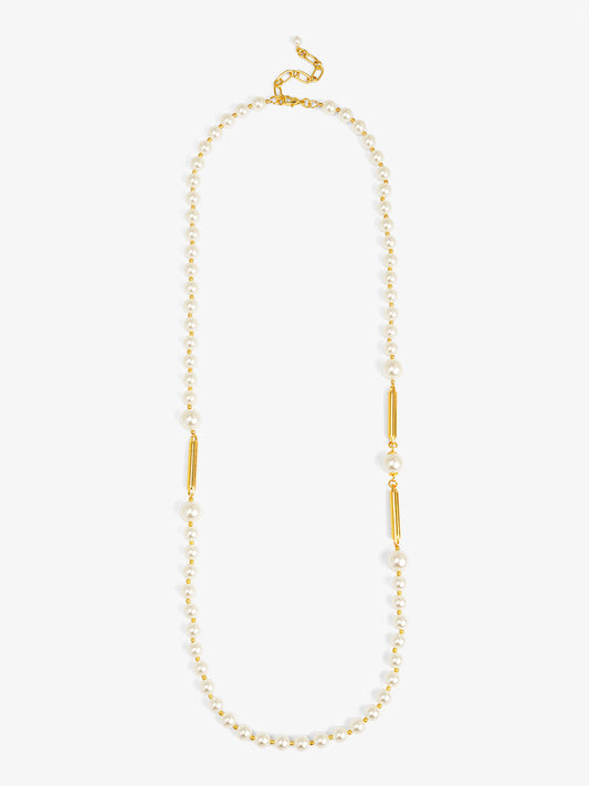 Long Pearl Necklace with Metal Bar