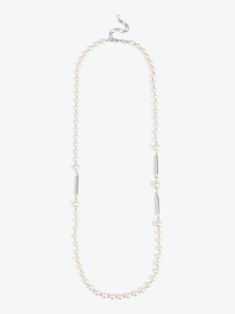 Long Pearl Necklace with Metal Bar
