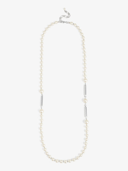 Long Pearl Necklace with Metal Bar