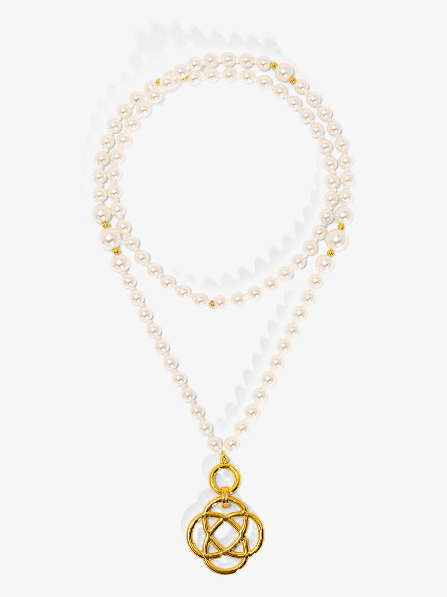 Clover Charm Pearl Beaded Long Necklace