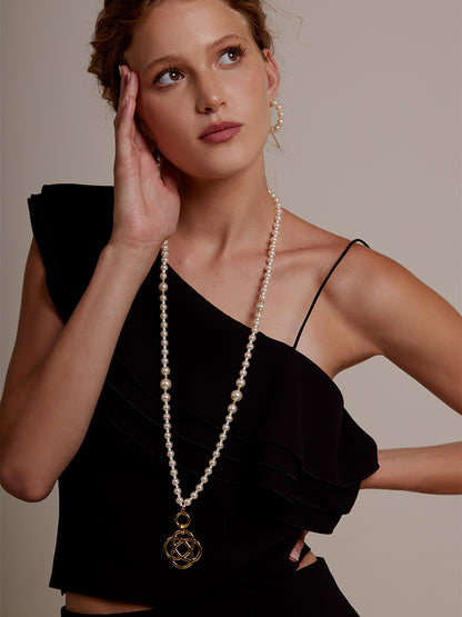 Clover Charm Pearl Beaded Long Necklace