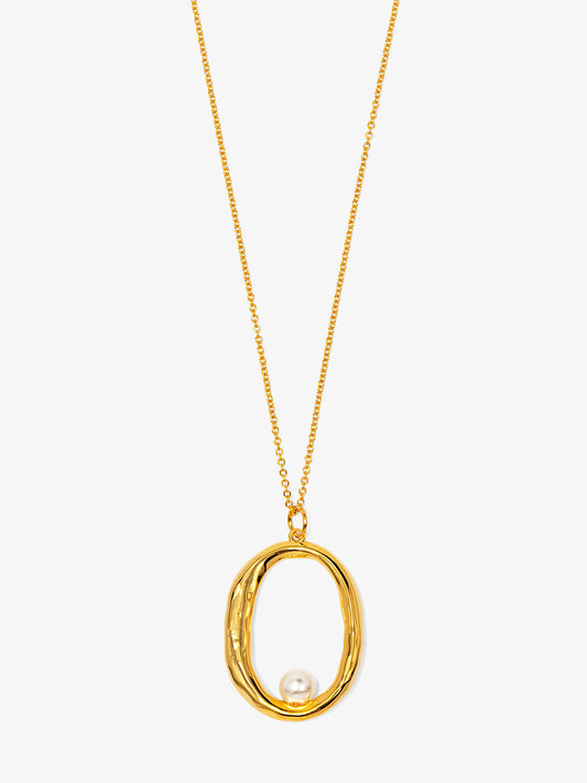 Hammered Oval Pearl Pendant Necklace