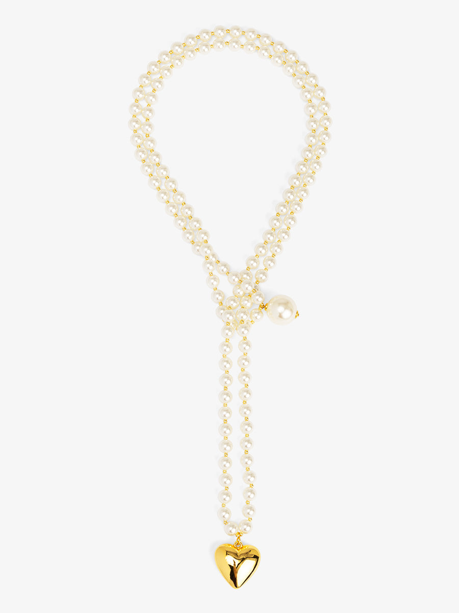 Puffed Heart Pearl Lariat Necklace