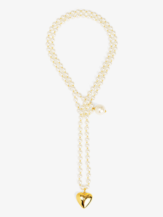 Puffed Heart Pearl Lariat Necklace