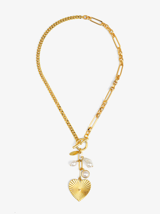 Mixed Link Heart and Pearl Charm Lariat Necklace