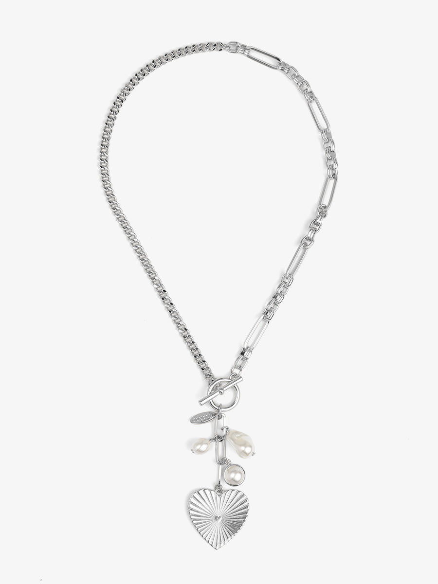 Mixed Link Heart and Pearl Charm Lariat Necklace