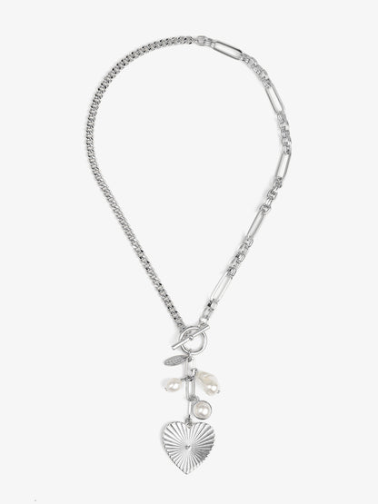 Mixed Link Heart and Pearl Charm Lariat Necklace