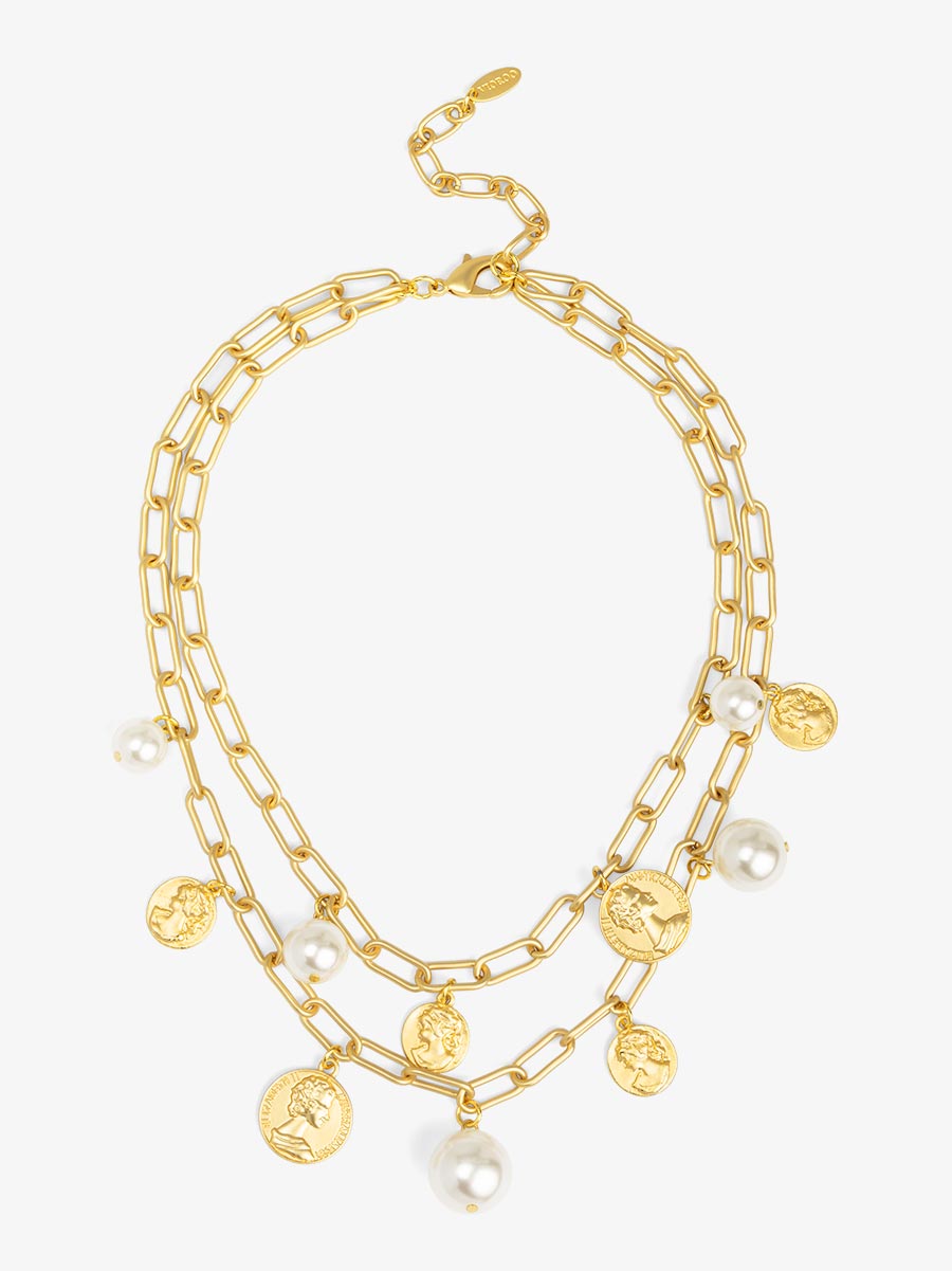 Pearls and Coins Charm Layered Necklace