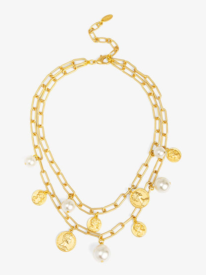 Pearls and Coins Charm Layered Necklace